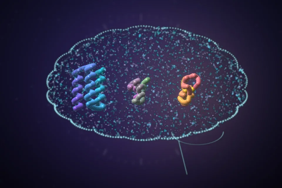 A glowing brain containing a protein that unravels from folded helices into a misfolded tangle